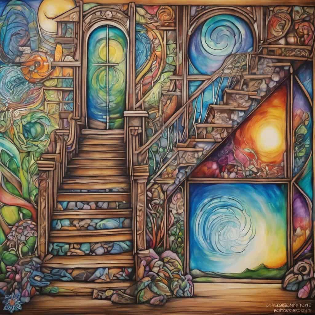 Λουτρό χρωμάτων και καμπύλων σε πίνακα τέχνης, με ανεβαίνουσες σκάλες και φυσικές εικόνες.