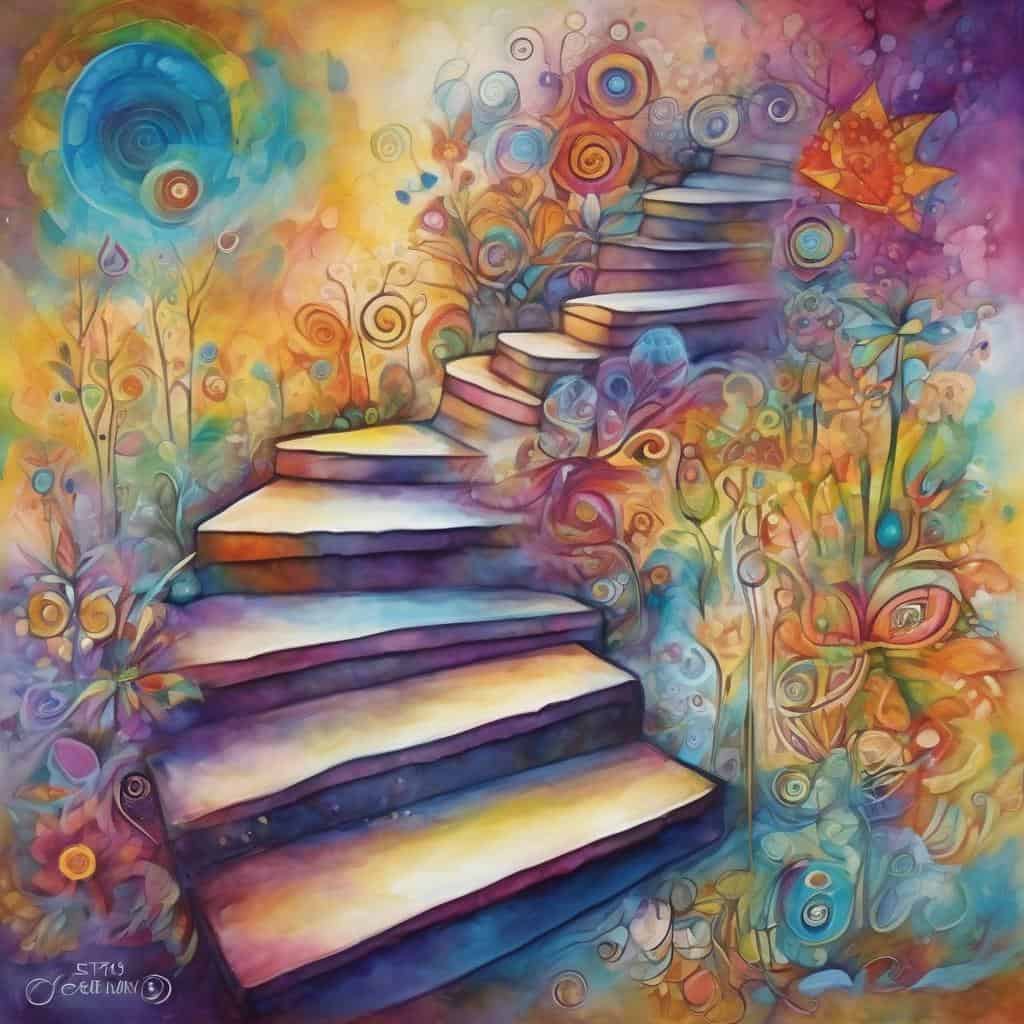 Αλτ κειμένου: Ονειρική σκάλες σε πολύχρωμο φόντο με λουλούδια και butterflies.